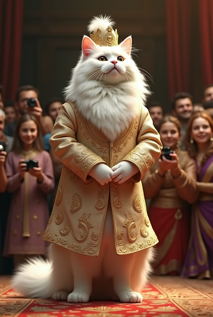 "A white Persian cat walks confidently on two legs, dressed in an elegant Indian groom's sherwani with intricate gold embroidery. He wears a matching turban adorned with a feather, and his long whiskers are perfectly groomed. The audience is captivated, capturing this regal look with their cameras."