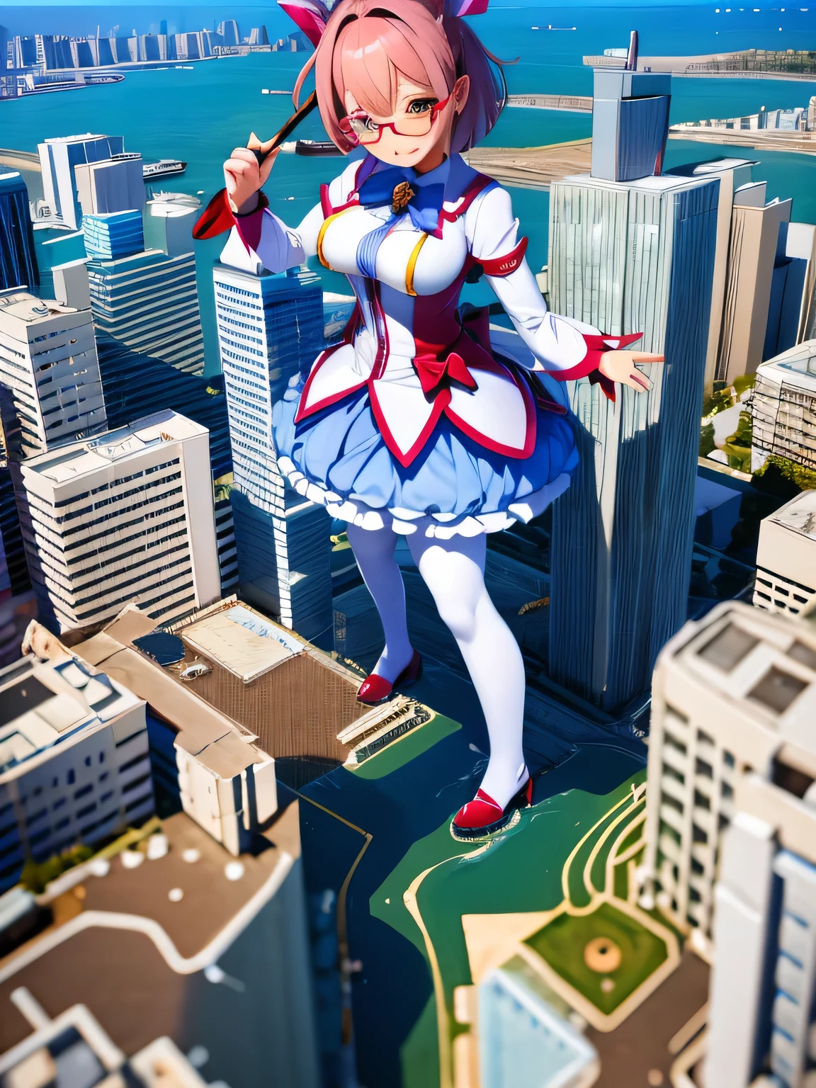 multiple girls, 3girls, standing, giantess art, highly detailed giantess shots, giantess, most detailed, perfect face, Two legs, Five fingers, short hair, A beautiful girl who is bigger than a skyscraper, Wearing rimless glasses, smile, huge breasts, magical girl dress, bow, magical girl, holding a magical wand, black pantyhose, stiletto heels, thunderbolt from a magical wand, seaside metropolis, numerous miniature warships on the sea, Destroying cities, Under heavy attack, A very small big city, Miniature metropolis, Full body description, GTS, giga giantess, gigagts, stomping city, crash city, tiny city, micro city, pantyhose feet, High resolution, highest quality, masterpiece, 