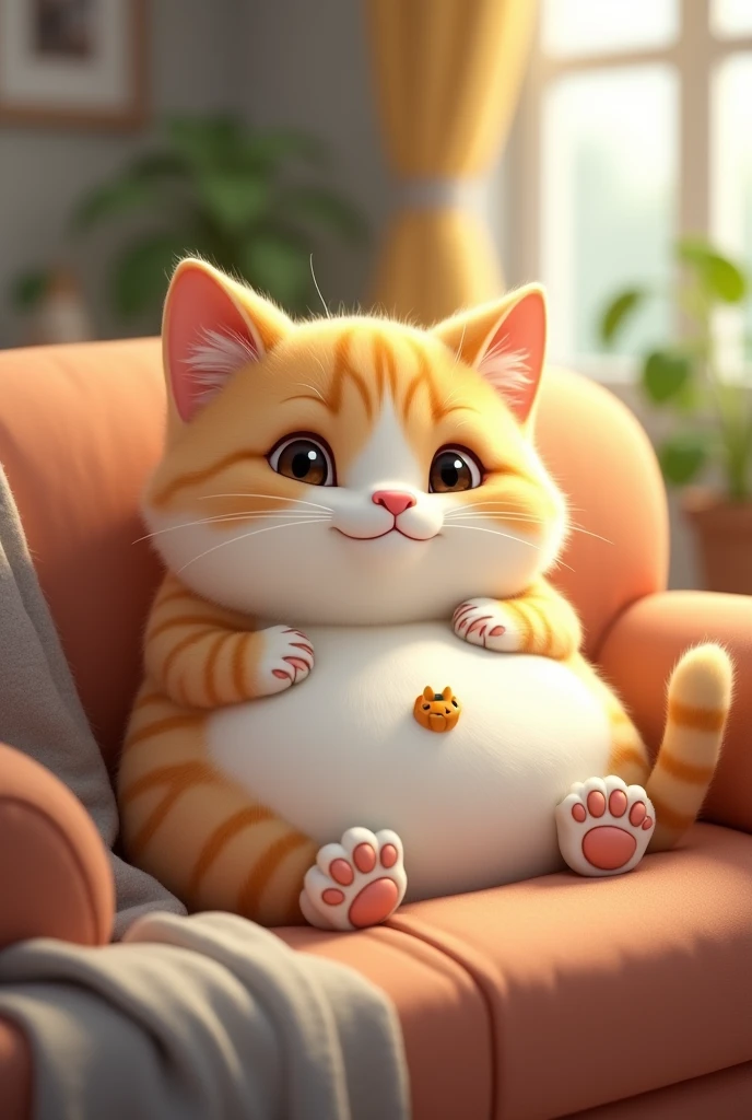 the small white yellow fat cat playing the game sitting in the sofa