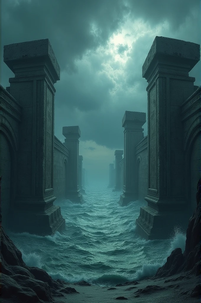 Dark clouds with deep and dark ocean with mythological ancient structures pillars structure inside it at the corners art