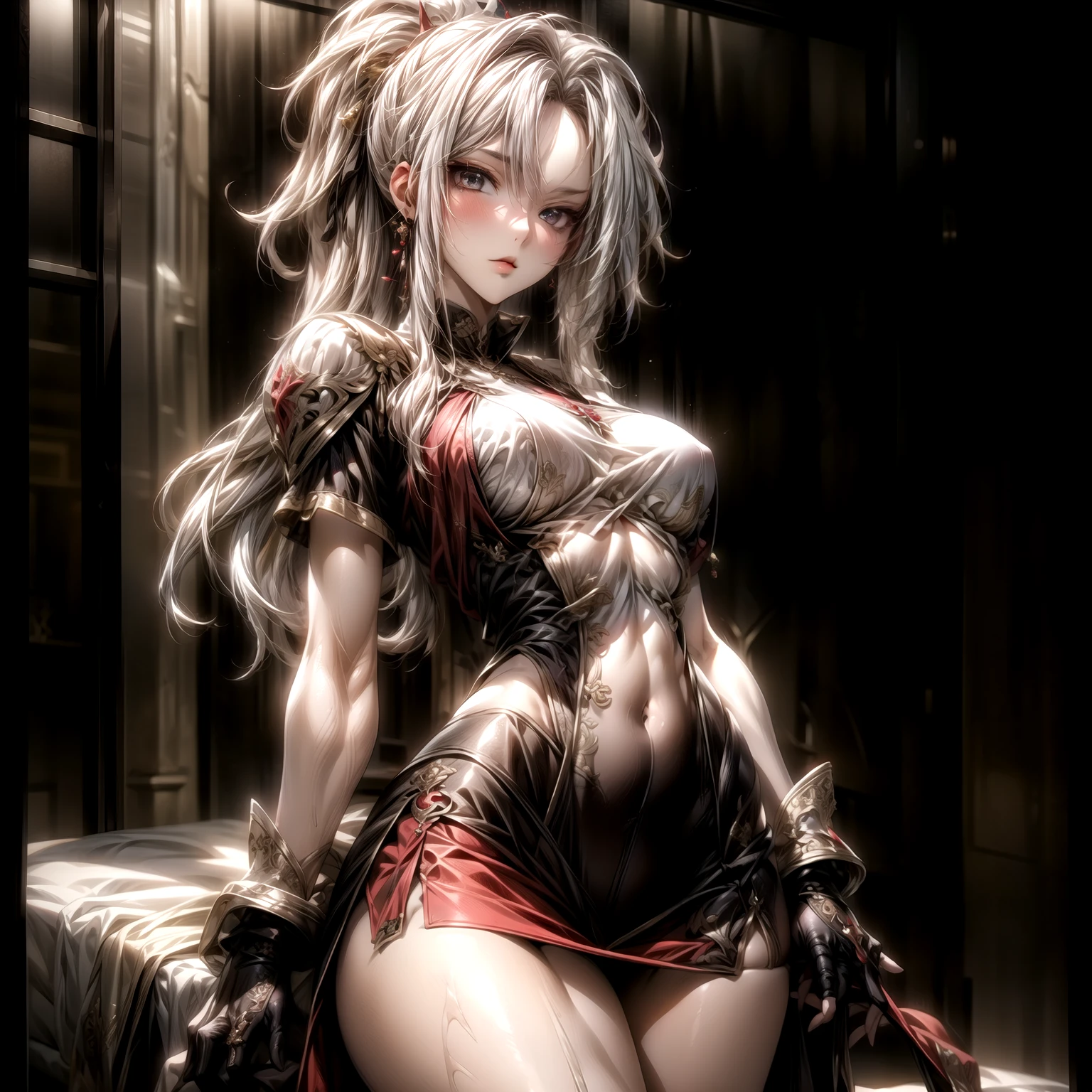 (best quality)), ((Masterpiece)), (details:1.4), 3d, HDR (high dynamic range), an image of a beautiful cyberpunk female, fantasy, medieval, Cyberpunk, Sleek style, Red hair, High ponytail, Beautiful White eyes, จมูกโด่ง, ปากแดง, หน้าอกใหญ่, nvidia RTX, PBR surface, After processing, Anisotropic filtration,depth of field, Maximum clarity and clarity, multi-layered surface, Subsurface scattering, perfect proportions, 8K raw files, ultra detailed, Perfect proportions, volumetric lighting, soft lighting, Holy Paldin, Heavy Golden Armor, White dress, intricate Silver embroidery, glossy skin, Bed room Background, jewely, ต่างหู, mini red skirt, black glove