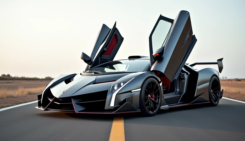 A beautiful grey Lamborghini Veneno car on the road, I want to see it in full view. Open doors