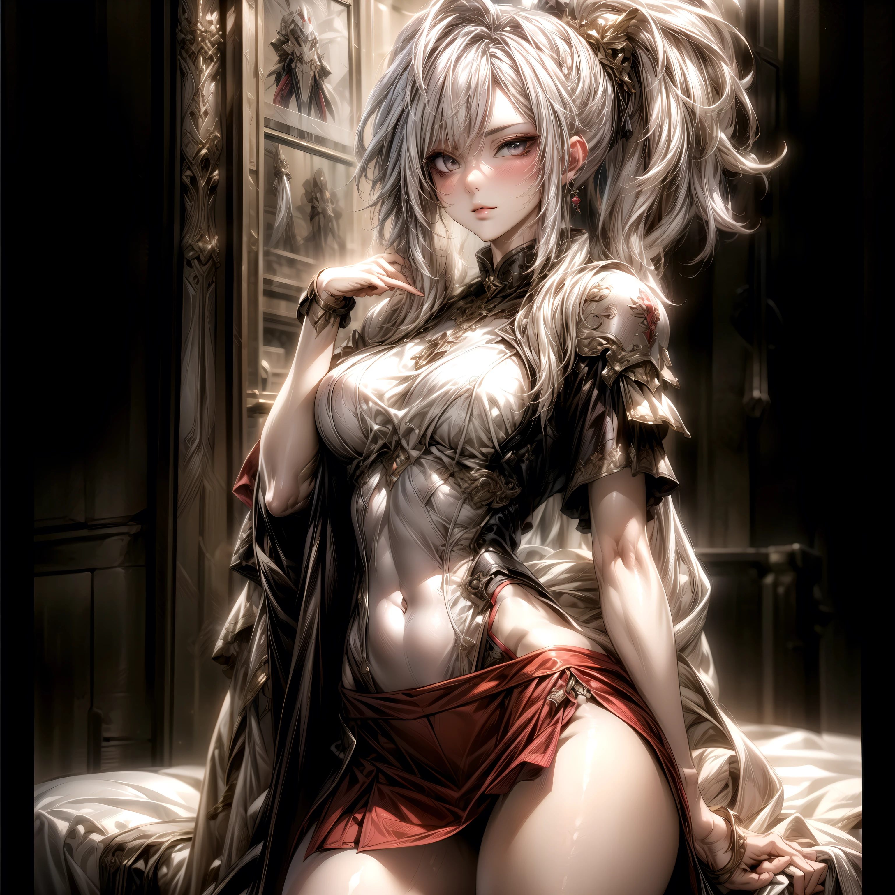 Lilith, white hair, red eyes, vampire, medium breast, openlegs, Armpits, background bed, 16years old, naked