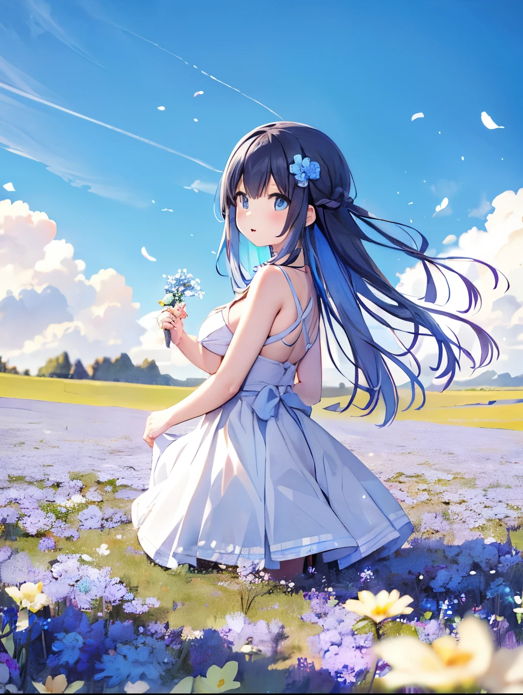 (absurdes, High resolution, Super detailed, super High resolution, cinematic), alone, One girl, mature, Happy, girl standing in Light blue flower field, Light blue flower petal surrounding girl, whole body, Girl with blue long hair, Light blue hair, Fantasy, dream-like, the snow, Official Art, Pop Art, profile, Super detailed face, Super detailed eyes, Light blue flower field, Super detailed field, white blue sky, cold, Light blue, white,  Sky nebula, Blue Tree, watercolor, pastel colour, (((Childlike big breasts, Second Dimension)))