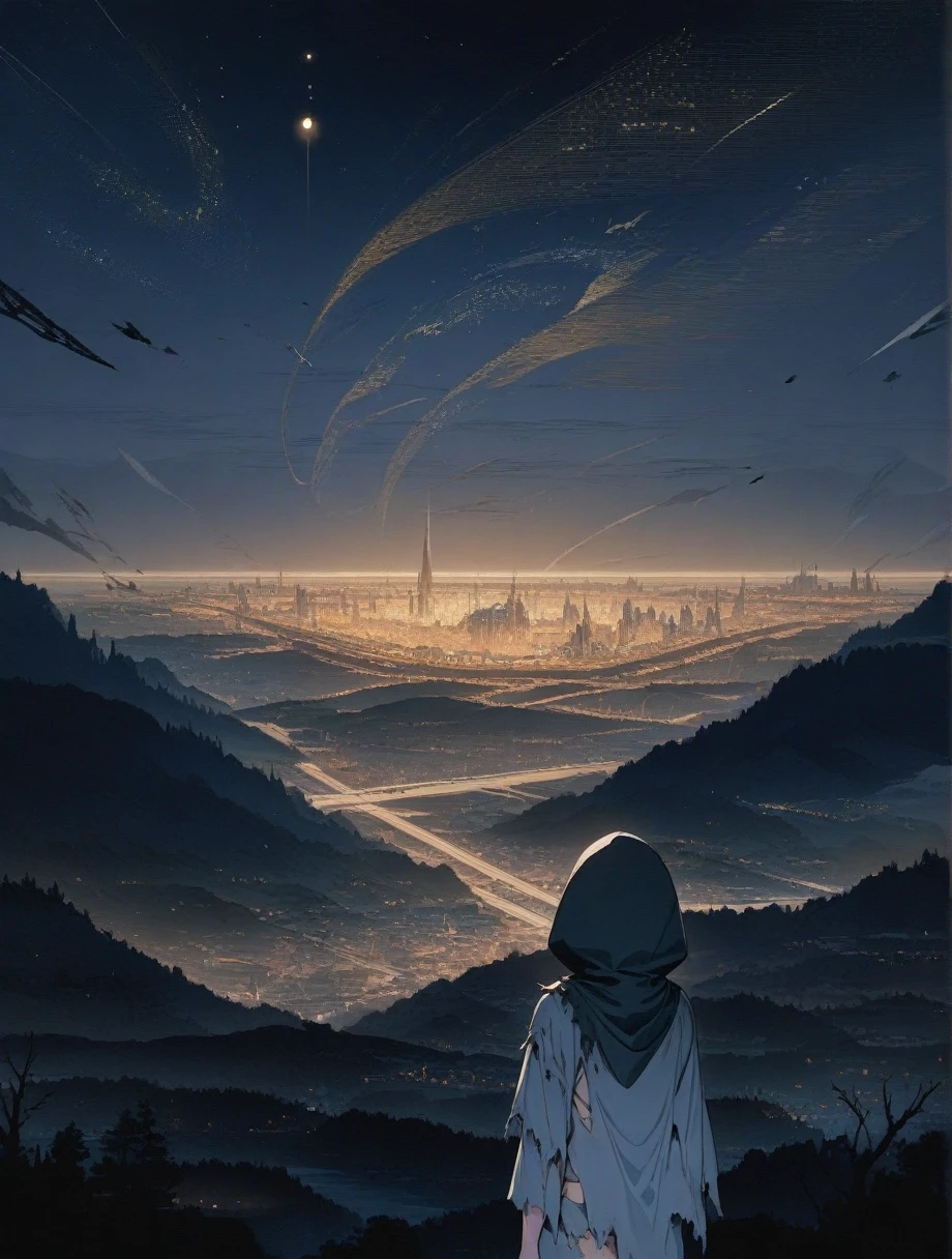 score_9, score_8_superior, score_7_superior, score_anime, masterpiece, Highest quality, Delicate illustrations, Sharp lines, Sharp focus, break, a traveling girl wandering in the endless night world, The girl is wearing a hood、I have a lot of stuff in my backpack, night , Wonderful landscape, Beautiful views, Harmony with Nature, Nice views, Space City, (((Torn clothes))), (((Torn hood)))