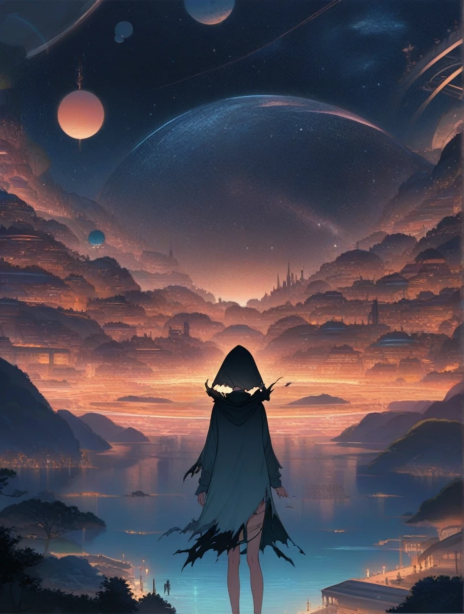 score_9, score_8_superior, score_7_superior, score_anime, masterpiece, Highest quality, Delicate illustrations, Sharp lines, Sharp focus, break, a traveling girl wandering in the endless night world, The girl is wearing a hood、I have a lot of stuff in my backpack, night , Wonderful landscape, Beautiful views, Harmony with Nature, Nice views, Space City, (((Torn clothes))), (((Torn hood)))