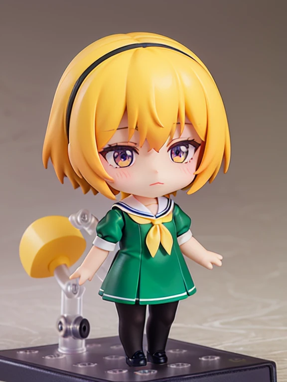 Museum, exhibit, Glass case, houjou_Satoko, 1 female, solo, Yellow Hair, blonde, Purple eyes, short hair, hair band, Flat chest, , Green Dress,White sailor collar,Yellow neckerchief,Short sleeve,Puff sleeves,Black Pantyhose,Flat Chest, nendoroid, Chibi Figures,