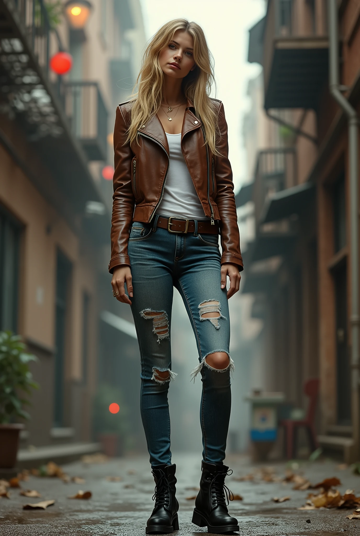 Photorealistic、Full live-action version、(masterpiece、Composition looking up from the ground)1、1 blonde with long hair、Long legged bad girl、Standing with legs apart, Ultra low angle, Perfect perspective、Looking up at a beautiful girl, Brown leather jacket and tight white shirt、Tight faded distressed denim、Black Leather Boots、(Sexy leg lines、Towering Beautiful Girl, Beautiful girl looking down)、Bad girl