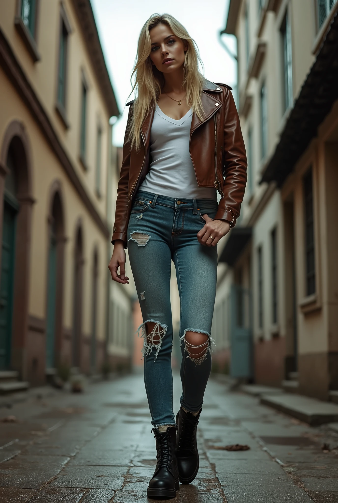 Photorealistic、Full live-action version、(masterpiece、Composition looking up from the ground)1、1 blonde with long hair、Long legged bad girl、Standing with legs apart, Ultra low angle, Perfect perspective、Looking up at a beautiful girl, Brown leather jacket and tight white shirt、Tight faded distressed denim、Black Leather Boots、(Sexy leg lines、Towering Beautiful Girl, Beautiful girl looking down)、Bad girl