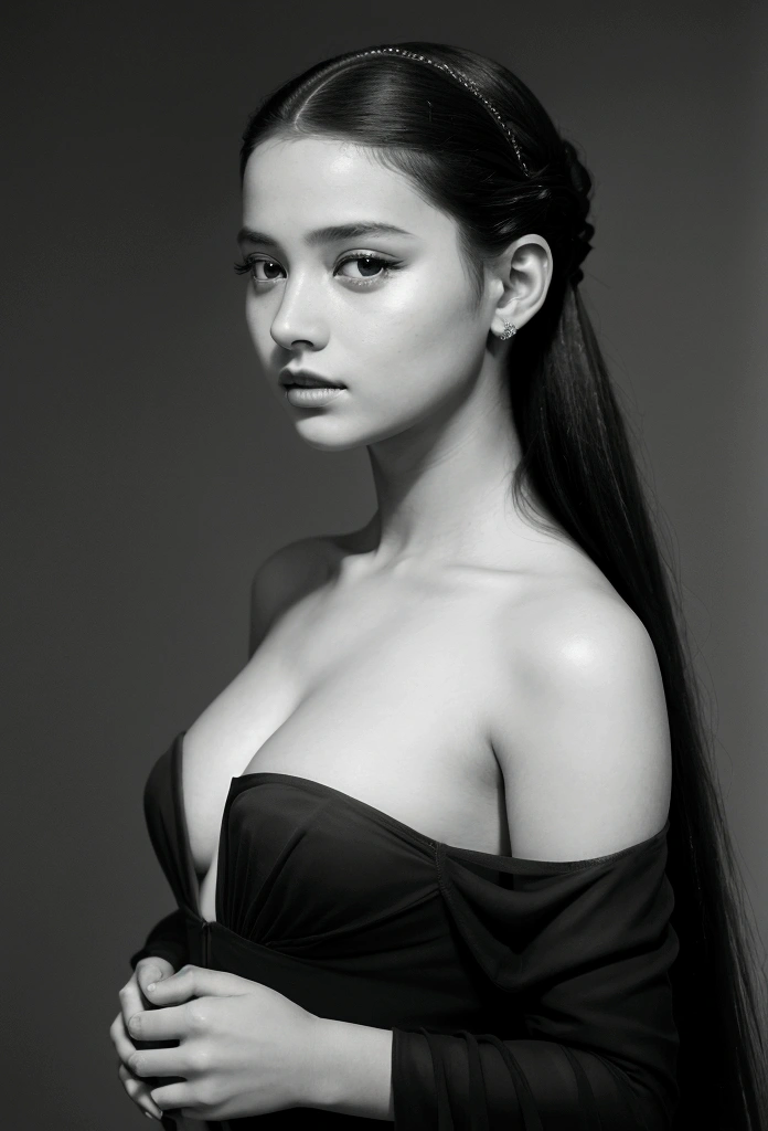 Mesmerizing portrait of a young girl with sharp facial features, dressed in black sexy,sheer off shoulder dress, shot in a studio with dramatic lighting, alluding to the work of Irving Penn, on Nikon D850 camera with Nikon AF-S NIKKOR 85mm f lens/1.4G, blackandwhite, with high contrast, hyperrealism, high detail and high resolution 16k --ar 16:9 --q 2.