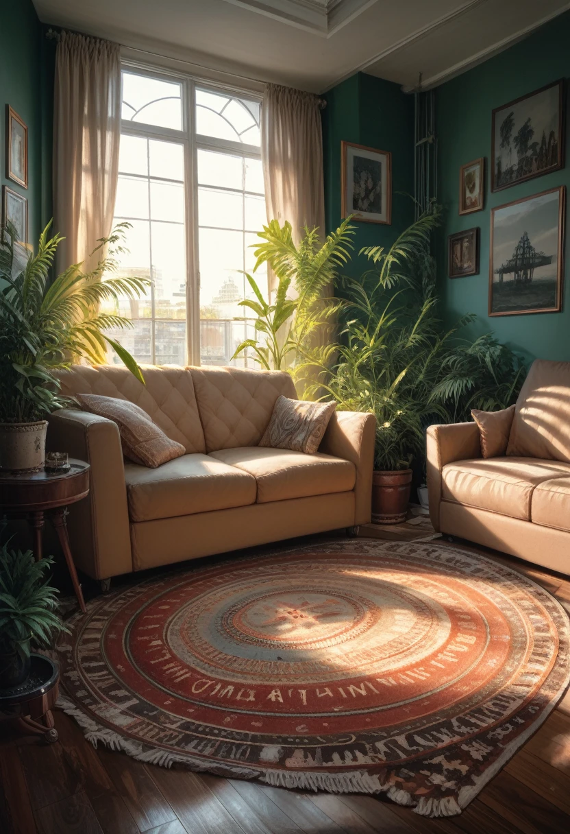 one organic steampunk mechanical sci-fi UFO sits on modern living room floor with carpet, planted with plants, Modern interior, High quality photo, ultra high resolution, (photorealistic:1.4), Cinema Lighting, insanely detailed, hyperrealistic, Small parts, Octane render