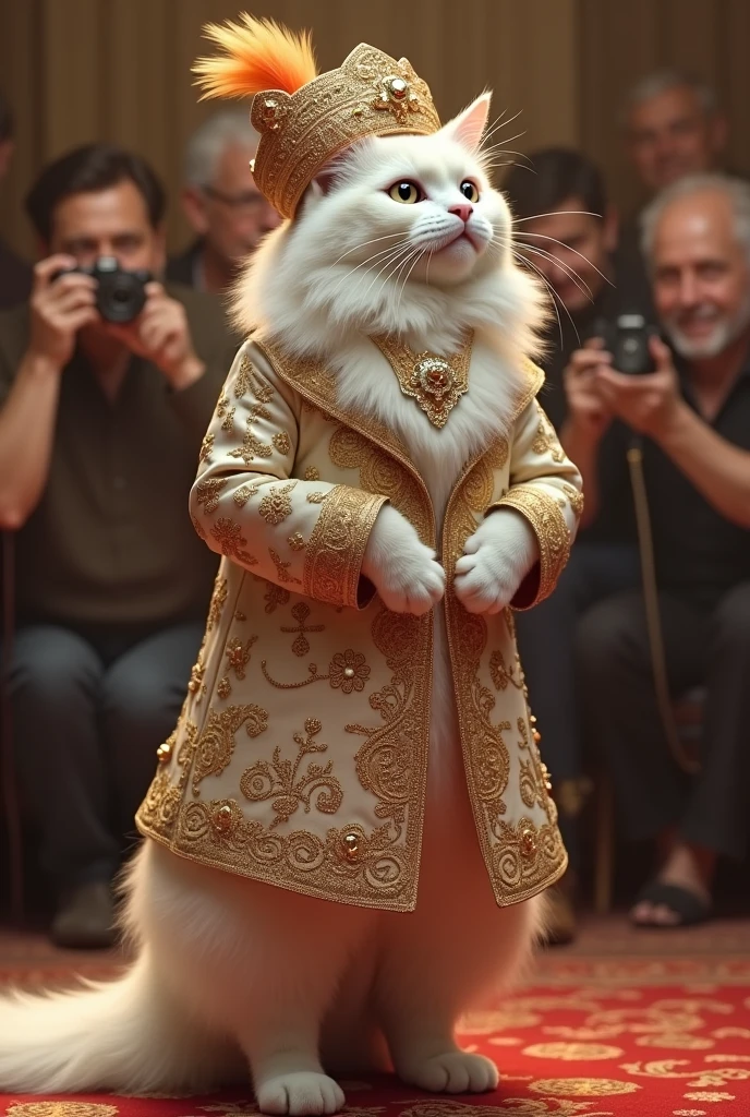 "A white Persian cat walks confidently on two legs, dressed in an elegant Indian groom's sherwani with intricate gold embroidery. He wears a matching turban adorned with a feather, and his long whiskers are perfectly groomed. The audience is captivated, capturing this regal look with their cameras."