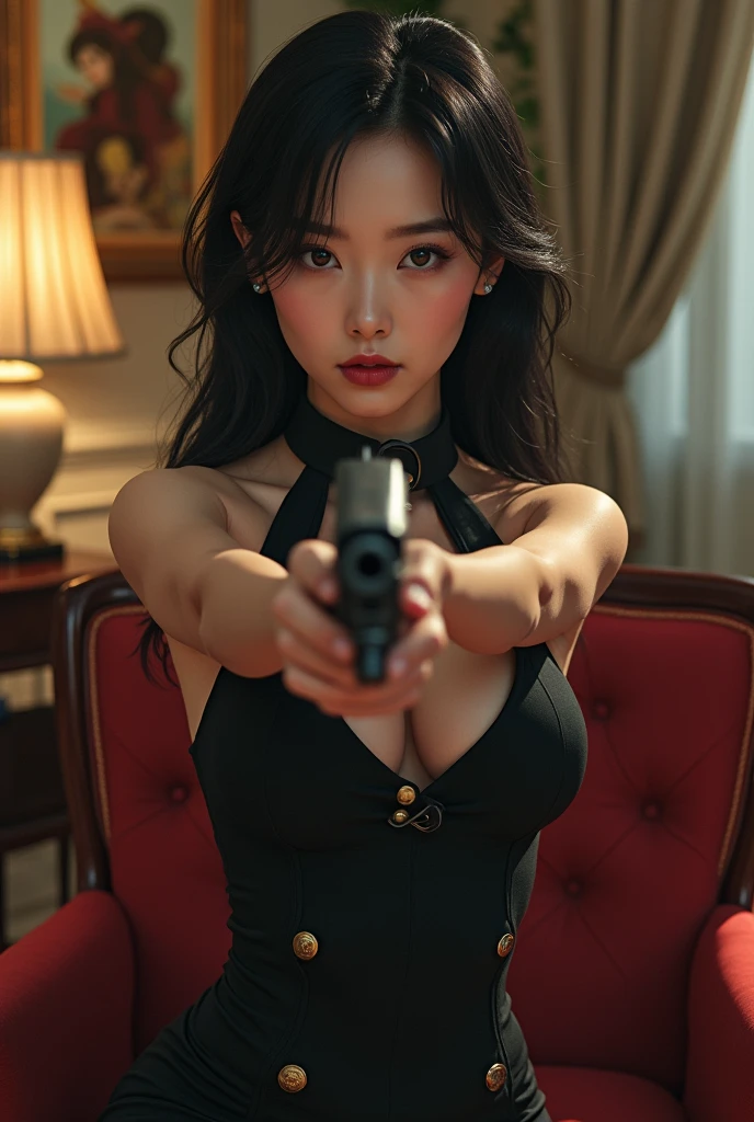 Sexy white korean animated Girl with a gun in her hand sittting in the chair with pose and wearning black army dress in her beautiful house