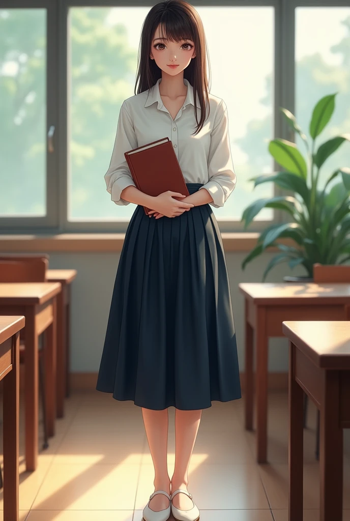 A beautiful lady, asian, Japanese,
brown shoulder length hair,
holding a book on band and Straight standing in front of a teacher desk in a classroom,
Wearing a white shirt,
Wearing a navy blue leather long full skirt ankle length covered the legs,
Wearing white flat shoes,
whole body photo, full body image,
Front camera view,
High resolution, HD Photo,
photographs, photo, real style, 600dpi