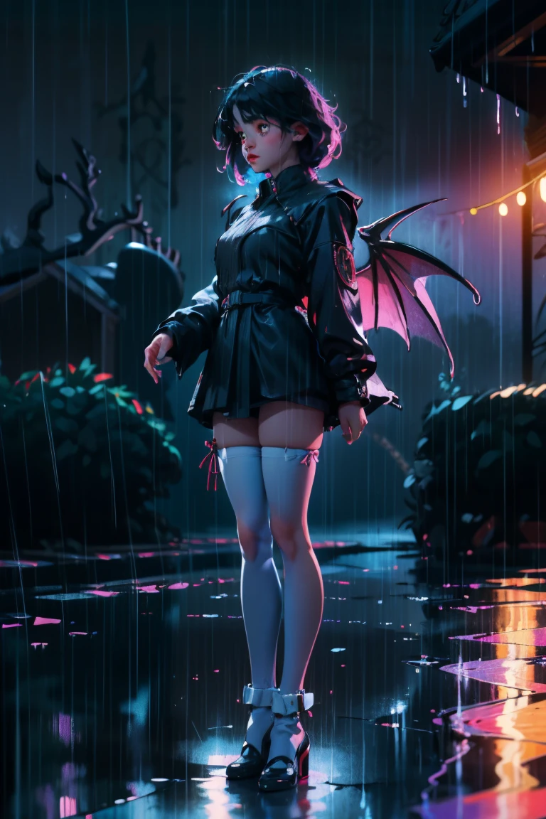 uhd, textured skin, good quality, High details, ​masterpiece, best quality, high detail face, (Amazingly absurd:1.2), (​masterpiece:1.2), fluffy, 1 Dragongirl, standing, Dragon ears, Dragon wings, dragon tail, Dress with ruffles, glowing eyes, shining hair , Whole body love, very long hair, hair ribbon, black kneesocks, full body, Kawaiitech, soft colours, Kawaii, Beautiful colors, surrounded by fire, (Rain:1.5), (Wet:1), (Night:2), (land:2),