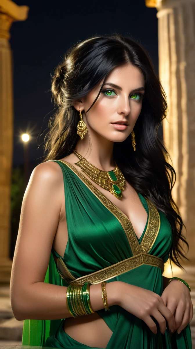 (A Gorgeous 30-Year-Old Greek Female Goddess), (Messy Long Black Hair), (Green Eyes), (Fair Skin), (Wearing Green Revealing Maiden Attire with Golden Jewelries), (Greek Temple at Night), (Elegant Pose), (Half Body Shot), (View From Front), (Ambient Lighting), Photo Realism, Intricate Face Detail, Intricate Hand Details, Vibrant Colors, Highly Detailed, Picture Taken with Sony A7RIV, with Sony 16-35mm f/4 Lenses, Cinematic, High Definition, Trending on Artstation--style raw