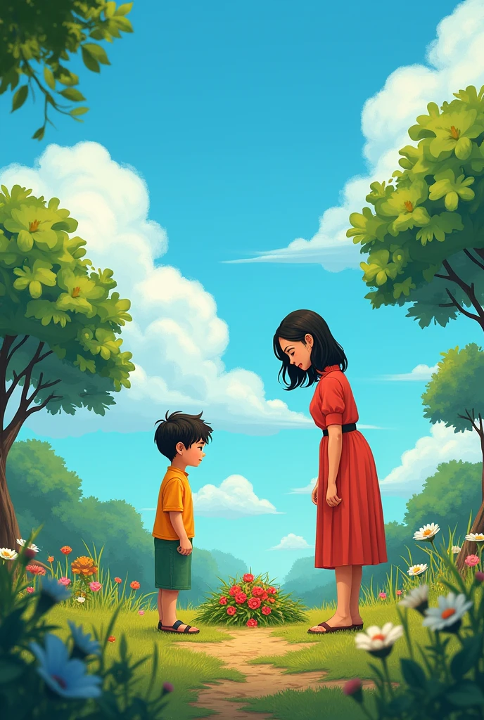 a grave with 2people facing it, i want the people back only. make it like the boy is putting a flower in the grave and make it more colorful