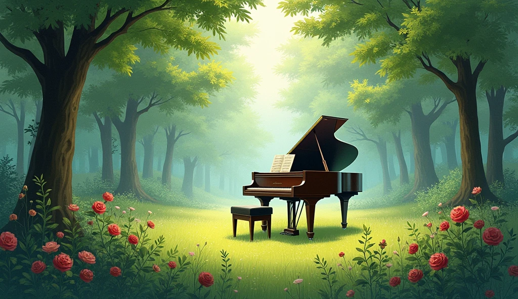 「A grand piano in the woods」is。The piano lid is open、There is music on the music stand。The surrounding area is densely packed with trees.々Surrounded by、The sun is shining through the trees.。This setting is、Combining the beauty of nature with the artistry of classical music、It creates a quiet and magical atmosphere.。In the forest where wild roses are blooming。Realistic watercolor style
