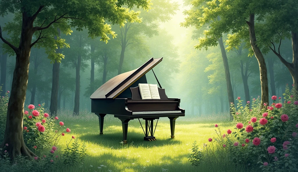 「A grand piano in the woods」is。The piano lid is open、There is music on the music stand。The surrounding area is densely packed with trees.々Surrounded by、The sun is shining through the trees.。This setting is、Combining the beauty of nature with the artistry of classical music、It creates a quiet and magical atmosphere.。In the forest where wild roses are blooming。Realistic watercolor style