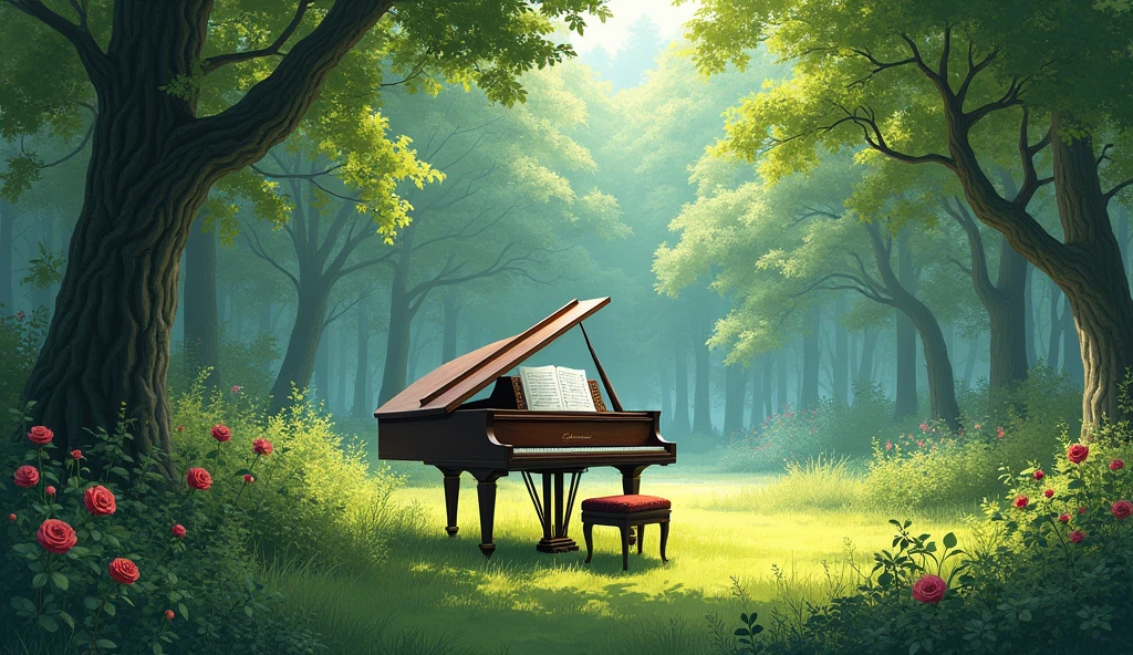 「A grand piano in the woods」is。The piano lid is open、There is music on the music stand。The surrounding area is densely packed with trees.々Surrounded by、The sun is shining through the trees.。This setting is、Combining the beauty of nature with the artistry of classical music、It creates a quiet and magical atmosphere.。In the forest where wild roses are blooming。Realistic watercolor style