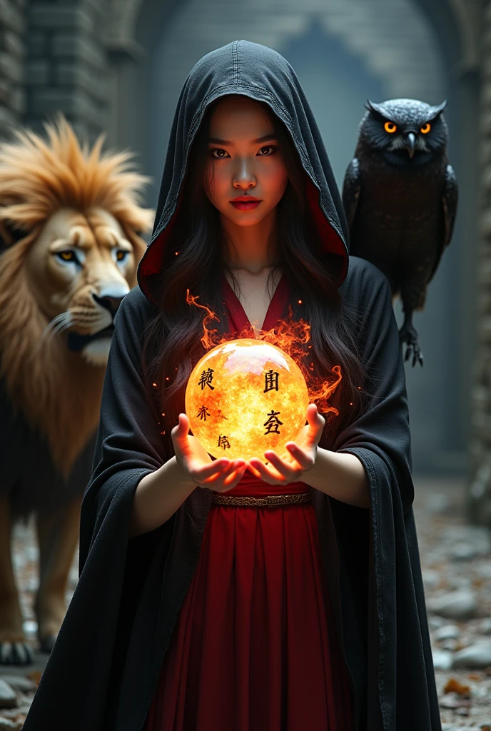 photo realistic, asian woman, white skin, Facing straight, Half-body image size, Black fluffy hair, Long slender fingers, Black witch cloak, Red Hood, Inside is a red dress., There is a fireball in the hand., In the fireball there are ancient characters that say: "ROWING" Float, There were several red sparks and red smoke coming out of his hand., A black owl stands on the right shoulder.., A large golden lion with a red mane appears from the rear left.., The background is an old black European-style castle..