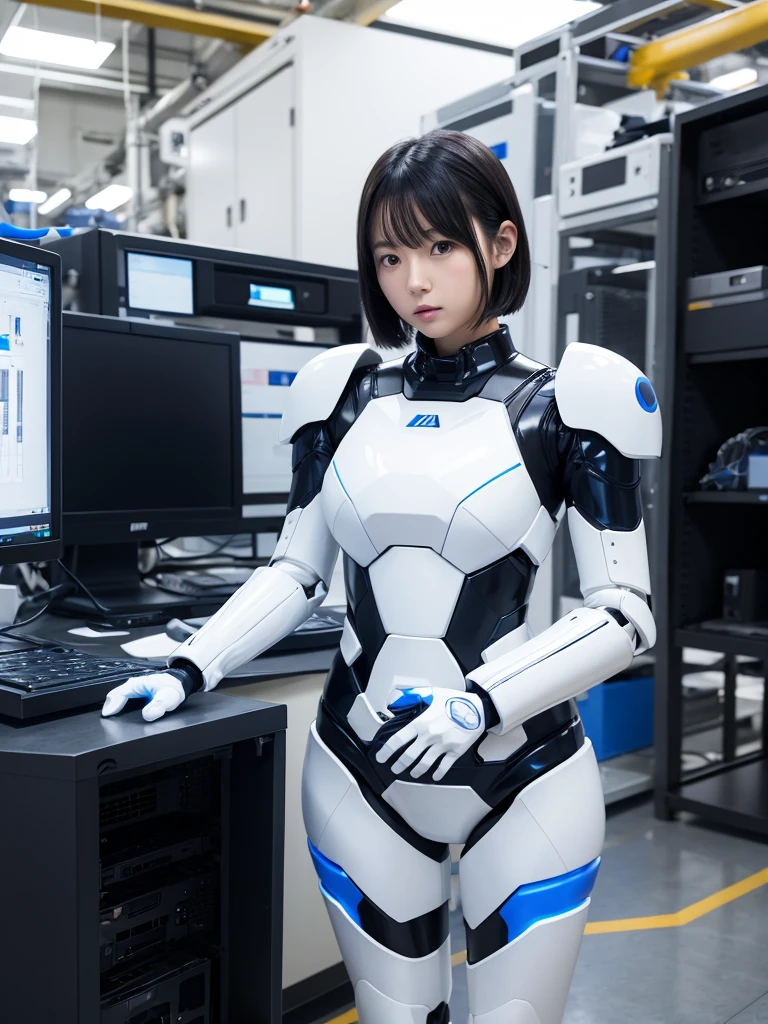Japanese female android,Black Hair,White and blue robot suit,Plump,Standing in front of a computer in a factory,