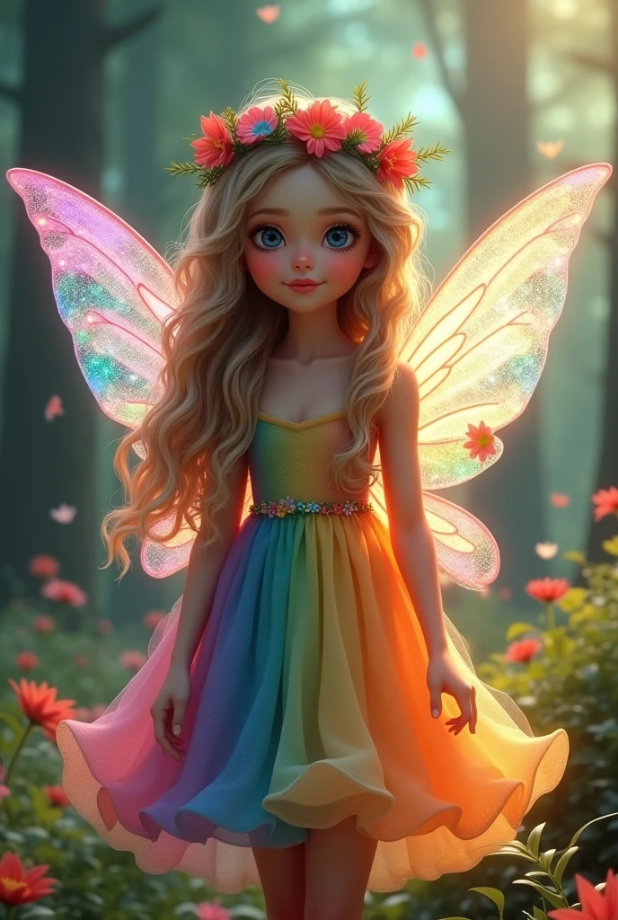 (Photorealism:1.2), Beautiful forest fairy girl,Full Body Focus , She has long shiny hair and skin, Curly hair and a flower crown on her head, She has a very detailed and super intricate face and a cute smile, Beautiful rainbow dress, fluffy, soft, Flared dress.,The background is very clear and beautiful with forest flowers and trees.,The hair looks very beautiful in the light,(((Darken the background a little and shoot a hologram to create a mysterious masterpiece.))),The large wings and dress sparkle with holographic light.、Please create an image with a bright face by shining a little light on the face.,
