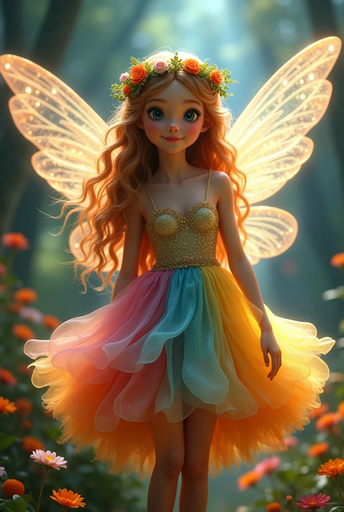 (Photorealism:1.2), Beautiful forest fairy girl,Full Body Focus , She has long shiny hair and skin, Curly hair and a flower crown on her head, She has a very detailed and super intricate face and a cute smile, Beautiful rainbow dress, fluffy, soft, Flared dress.,The background is very clear and beautiful with forest flowers and trees.,The hair looks very beautiful in the light,(((Darken the background a little and shoot a hologram to create a mysterious masterpiece.))),The large wings and dress sparkle with holographic light.、Please create an image with a bright face by shining a little light on the face.,