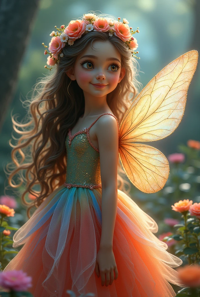 (Photorealism:1.2), Beautiful forest fairy girl,Full Body Focus , She has long shiny hair and skin, Curly hair and a flower crown on her head, She has a very detailed and super intricate face and a cute smile, Beautiful rainbow dress, fluffy, soft, Flared dress.,The background is very clear and beautiful with forest flowers and trees.,The hair looks very beautiful in the light,(((Darken the background a little and shoot a hologram to create a mysterious masterpiece.))),The large wings and dress sparkle with holographic light.、Please create an image with a bright face by shining a little light on the face.,