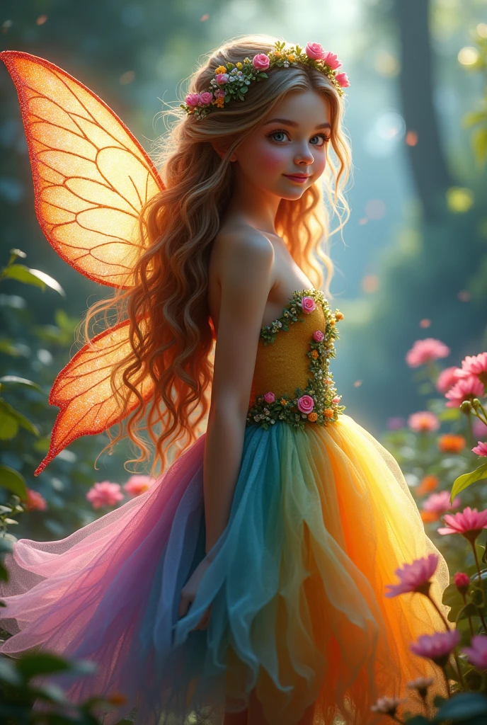 (Photorealism:1.2), Beautiful forest fairy girl,Full Body Focus , She has long shiny hair and skin, Curly hair and a flower crown on her head, She has a very detailed and super intricate face and a cute smile, Beautiful rainbow dress, fluffy, soft, Flared dress.,The background is very clear and beautiful with forest flowers and trees.,The hair looks very beautiful in the light,(((Darken the background a little and shoot a hologram to create a mysterious masterpiece.))),The large wings and dress sparkle with holographic light.、Please create an image with a bright face by shining a little light on the face.,