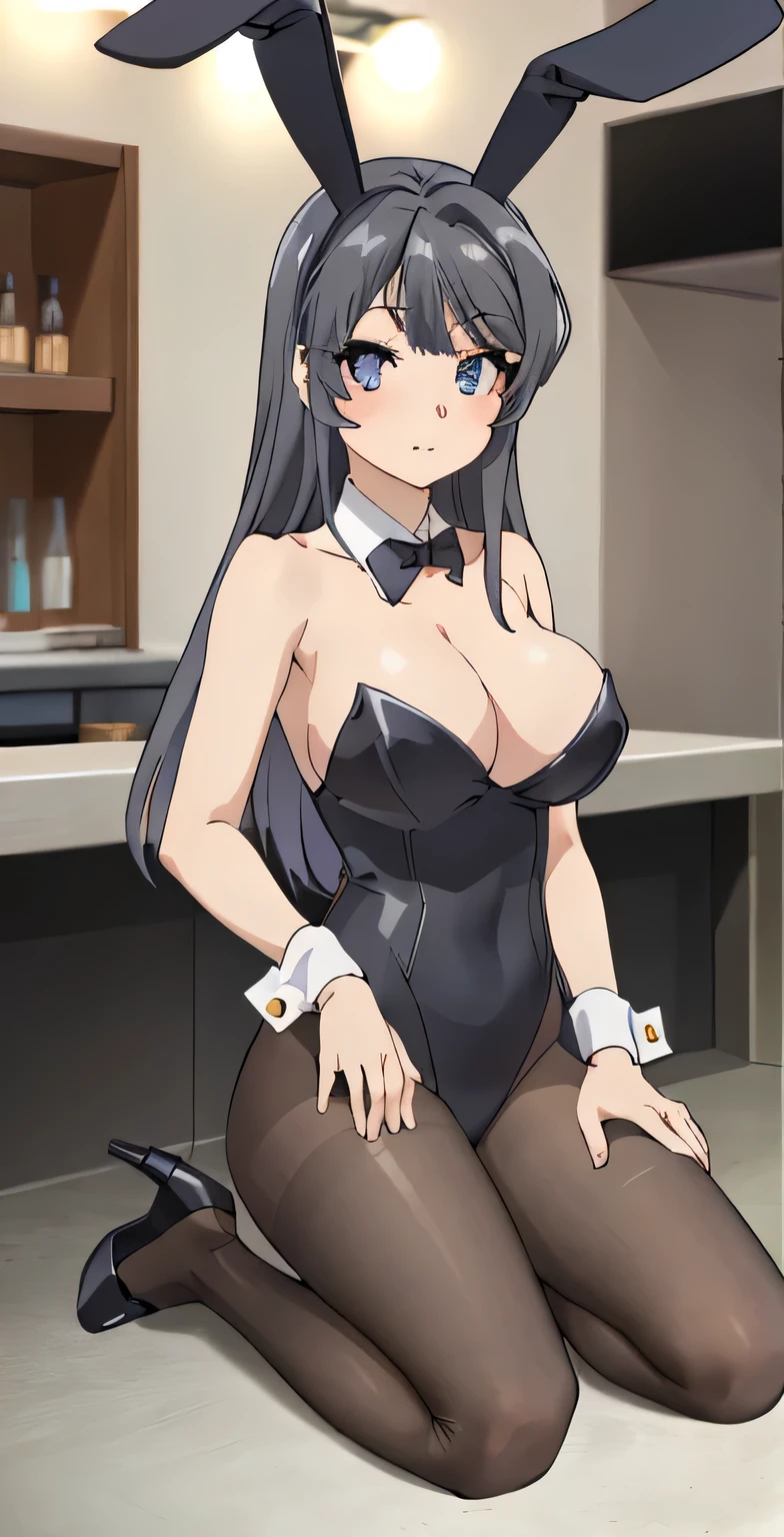 best quality, 8k, 1girl, beautiful detailed eyes, lora_sakurajima_mai, sakurajima_mai, anime girl wearing black satin silk strapless leotard and tights with high heels, bar counter, bare arms, full-body shot, must show the whole body from head to toe, black single color bunny ears,huge breast, (white collar) with (((slim bowtie))), (white detachable wrist cuffs), short torso, slender hips, (((wasp waist))), well proportioned feminine body, very cute face, gorgeous, pretty, beautiful maiden, masterpiece, best quality, sharp focus, cinematic lighting, detailed lighting, sitting, around her big legs,looking at viewer, 8k, UHD, intricate details, detailed face, extreamly detailed, photograph, photorealistic, perfect eyes, detailed eyes, realistic eyes, detailed skin, must show both feet, bunny costume, playmate full body, blue eyes, black satin silk bunny girl uniform, pantyhose, high heels, rabbit ears, white collar with bowtie, white wrist cuffs with cufflinks
