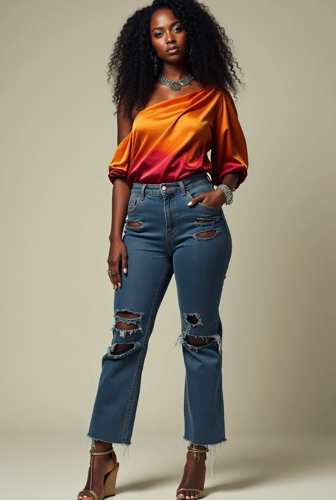A woman wearing a fashion outfit. Statuesque black woman, aged 30. Slim busty beautiful model. Alternative, boho chic style. Top is colour Burnt orange with a crimson ombre. Asymmetrical one-shoulder top, silk top with a laser-cut pattern. Indigo leather jeans roughly sprayed with silver paint. tattoos, long dark curly hair, wedge heels. Silver necklace bracelet ankle chain.
