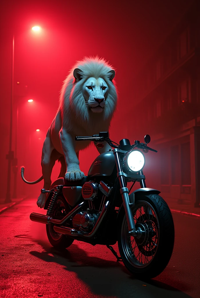 Lion shit on motorbike and his color is white with some red light iffect in night