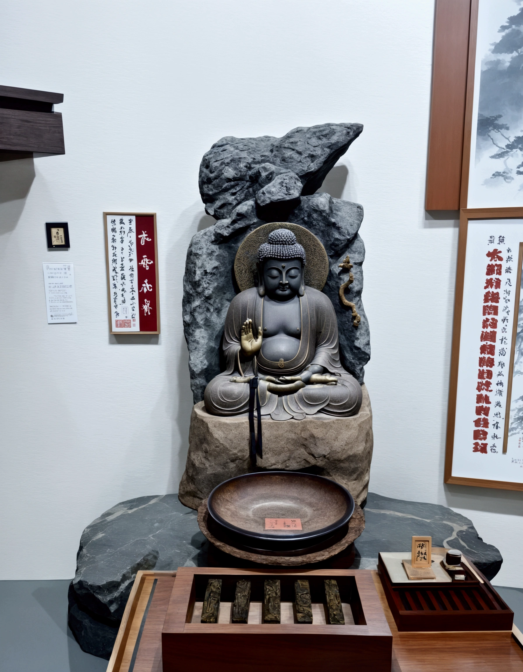 There is a Buddha statue sitting on a rock, Inspired by Sesshu Toyo, Ukiyo-e sculpture, Temple altar, Inspired by Atsumu Kaigetsu, At the temple, Inspired by Domoto Insho, Museum Artifacts, Inspired by Kaigetsudo Ando, Japanese God