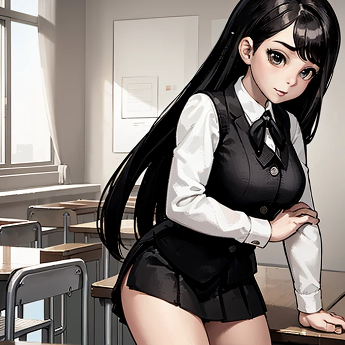 masterpiece, high quality, full length girl, in a school skirt and white tights, beautiful figure, slender legs, thin waist, black hair, shirt & vest, stands in the classroom, sexy legs, bulging big breasts, girl lifts her skirt to her panties,