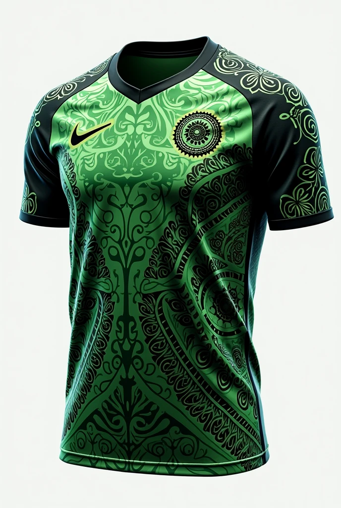 Make a football jersey using alpona, don't use any texts or logo, only jersey, no human, from front, green and black