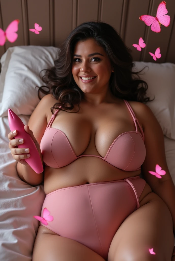 A beautiful woman lies on a bed, she is surrounded by pink butterflies, Below, chubby, bbw, mature, tied up, looks in the camera, Vibrator in one hand, orgasm, smiling