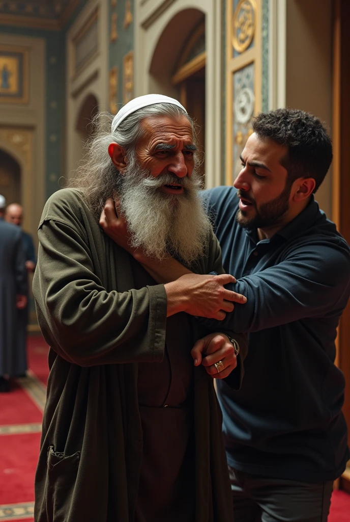 An elderly Muslim man with a beard is being pushed out of the mosque by a man by the neck, which causes the Muslim old man to cry in pain