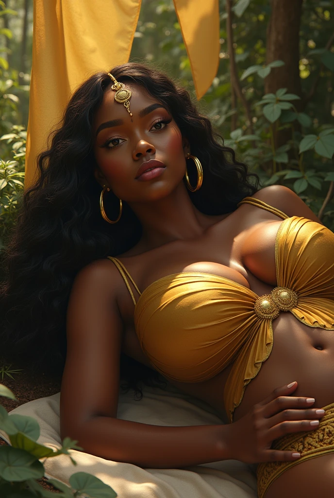 When a hundred flowers bloomed, this blooming form became golden, when this face became like a moon.
1girl, breasts, solo, cleavage, earrings, jewelry, long_hair, large_breasts, hoop_earrings, looking_at_viewer, black_hair, on_side, lying, mole, realistic, facial_mark, flag, pants, outdoors, brown_eyes, brown_hair, mole_on_breast, lips, dark-skinned_female, forehead_jewel, forehead_mark