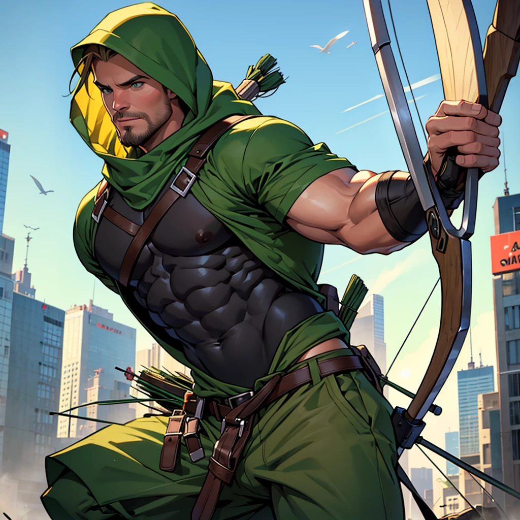 NSFW, 32k, high quality , detailed face , detailed fingers ,detailed muscles stephen amell as green arrow , wearing blackish green outfit , showing a dark blond short hair , a thick facial hair like daddies, a bulge ,hunk and handsome, shooting his arrows with a bow toward the ennemies , in action , with the quiver on his back full of arrows background sky and city at night