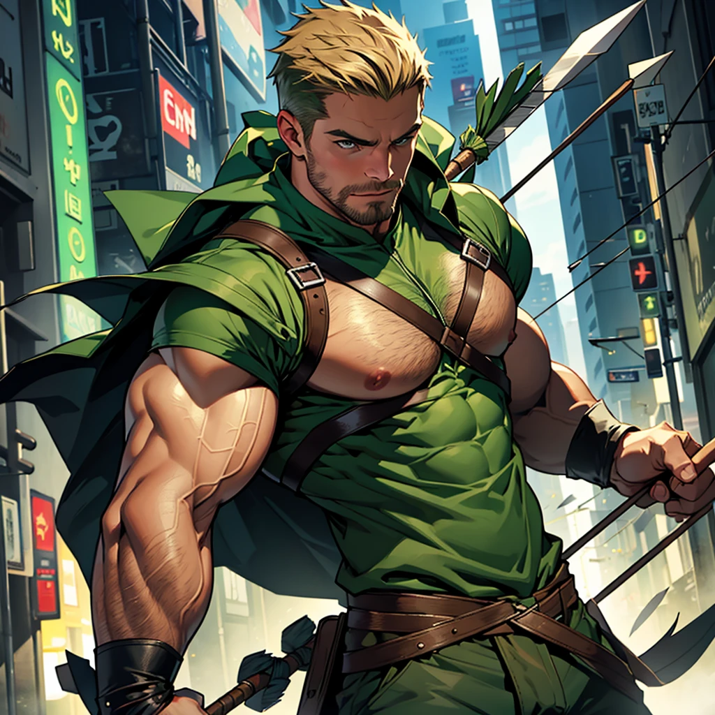 NSFW , 32k, high quality , detailed face , detailed fingers ,detailed muscles, detailed cock , (((stephen amell))) as green arrow , totally naked , no cloth, showing balls and a hard cock, , showing a dark blond short hair , a thick facial hair , hard nipples, ,hunk and handsome, shooting with his bow and arrow toward the enemy , with the quiver on his back full of arrows , spread legs 