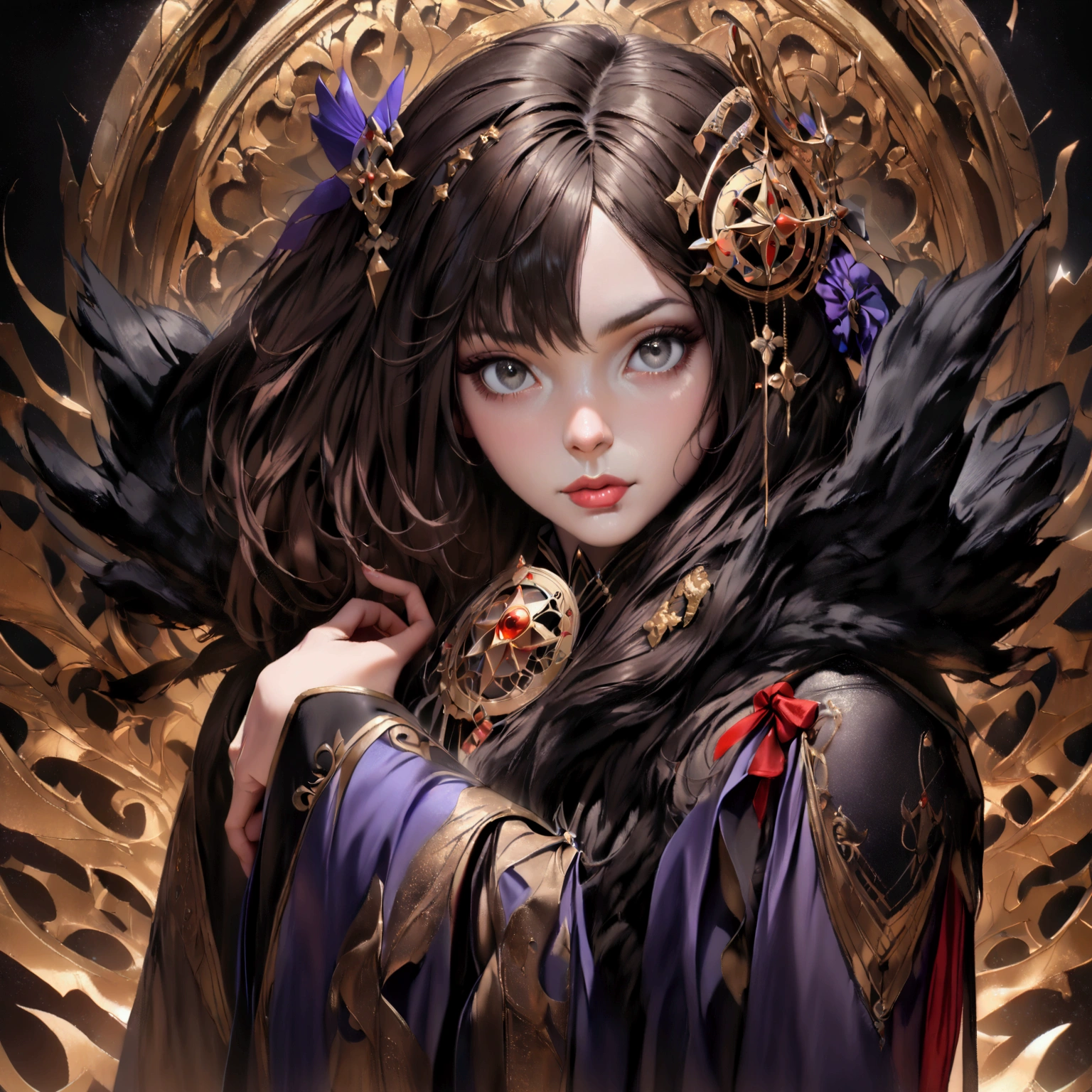 Best Quality, (photorealistic:1.2), 1 girl, Alone, detailed face, facial focus, standing, black fur,(hair ornament:1.35),Secretary, ribbon-trimmed sleeves, separate sleeves, ribbon ornament, wide sleeves, (looking at the viewer:1.5) by the wide, black eyes, hits, Lips,