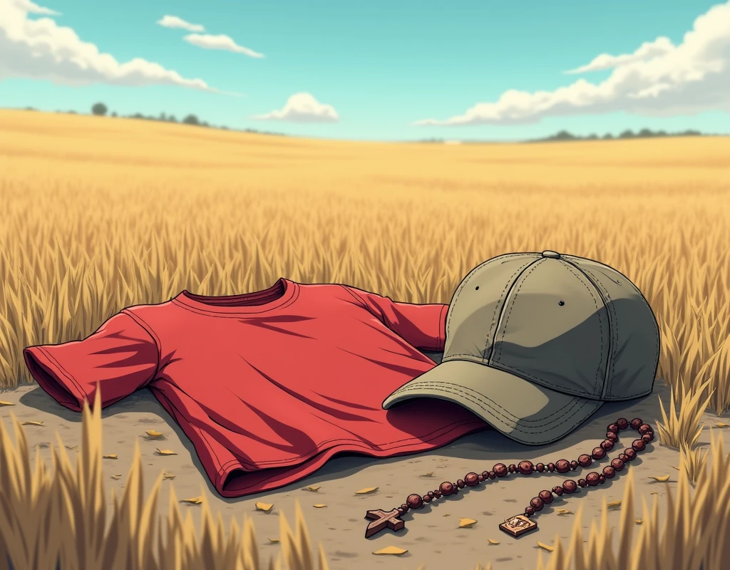 Wrinkled red t-shirt lying on the ground and next to it a baseball cap and a rosary 2d anime style very expressive and visually beautiful image anime style In a field with dry yellow grass