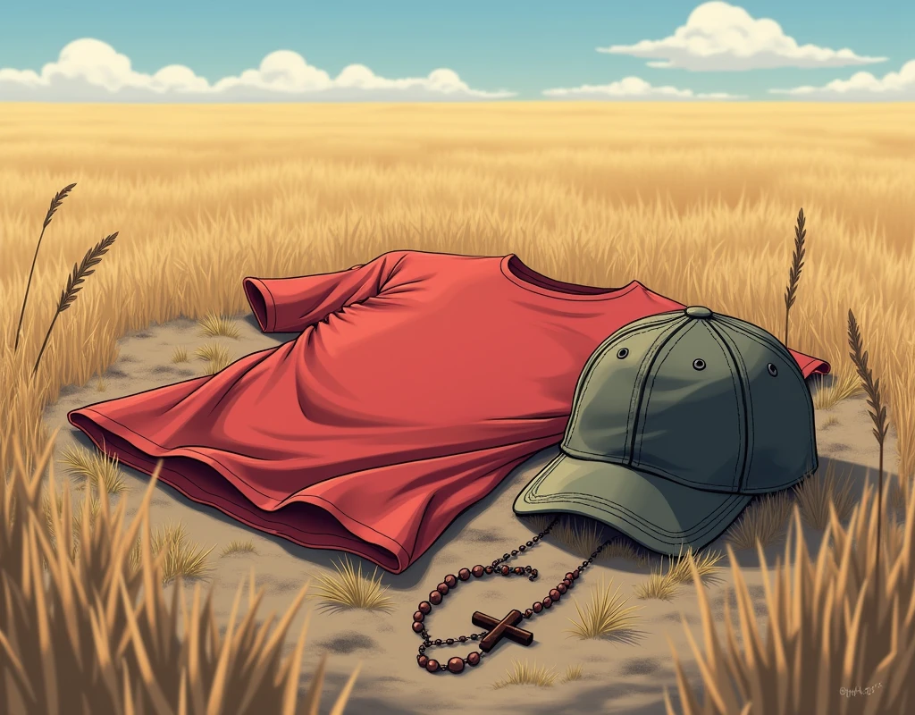 Wrinkled red t-shirt lying on the ground and next to it a baseball cap and a rosary 2d anime style very expressive and visually beautiful image anime style In a field with dry yellow grass 