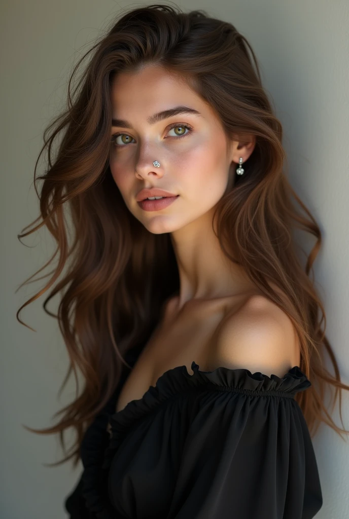 A girl with wavy beautiful hairs brown eyes wearing black long maxi has nosepeircing and wearing small size diomand nosepin