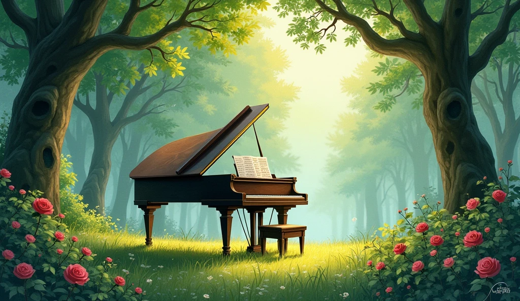 「A grand piano in the woods」is。The piano lid is open、There is music on the music stand。The surrounding area is densely packed with trees.々Surrounded by、The sun is shining through the trees.。This setting is、Combining the beauty of nature with the artistry of classical music、It creates a quiet and magical atmosphere.。In the forest where wild roses are blooming。Realistic watercolor style
