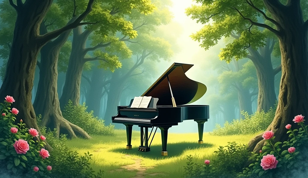 「A grand piano in the woods」is。The piano lid is open、There is music on the music stand。The surrounding area is densely packed with trees.々Surrounded by、The sun is shining through the trees.。This setting is、Combining the beauty of nature with the artistry of classical music、It creates a quiet and magical atmosphere.。In the forest where wild roses are blooming。Realistic watercolor style
