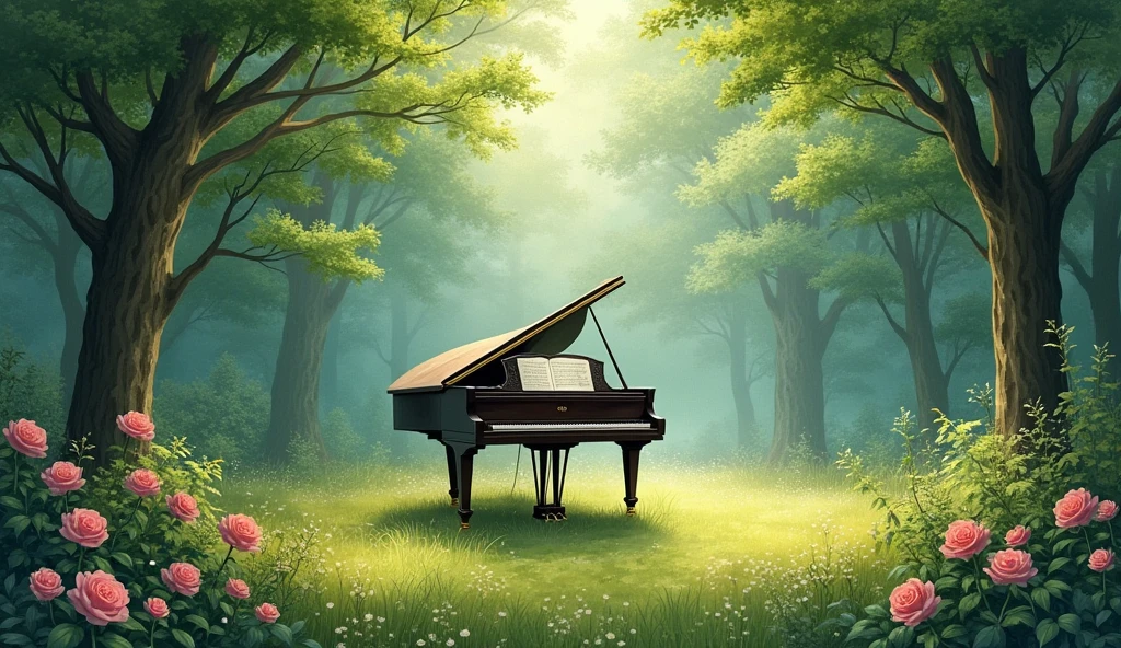 「A grand piano in the woods」is。The piano lid is open、There is music on the music stand。The surrounding area is densely packed with trees.々Surrounded by、The sun is shining through the trees.。This setting is、Combining the beauty of nature with the artistry of classical music、It creates a quiet and magical atmosphere.。In the forest where wild roses are blooming。Realistic watercolor style
