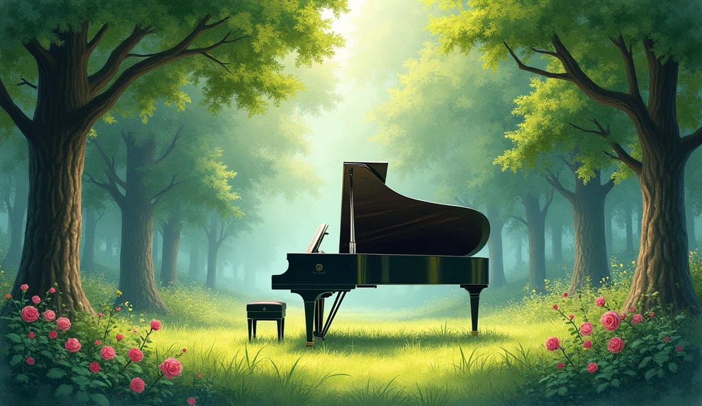 「A grand piano in the woods」is。The piano lid is open、There is music on the music stand。The surrounding area is densely packed with trees.々Surrounded by、The sun is shining through the trees.。This setting is、Combining the beauty of nature with the artistry of classical music、It creates a quiet and magical atmosphere.。In the forest where wild roses are blooming。Realistic watercolor style