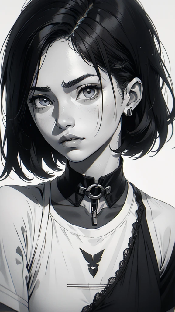 1 boyish girl, solo, sharp eyes, monochrome, greyscale, shoulder length black hair, portrait, blank white T-shirt, Thin eyebrows, closed mouth, looking at viewer, graphite \(medium\), detailed lips, hatching \(texture\), without makeup, bangs covering the forehead, upper body, (best illustration), (best quality), (very detailed), (masterpiece), expressionless,
